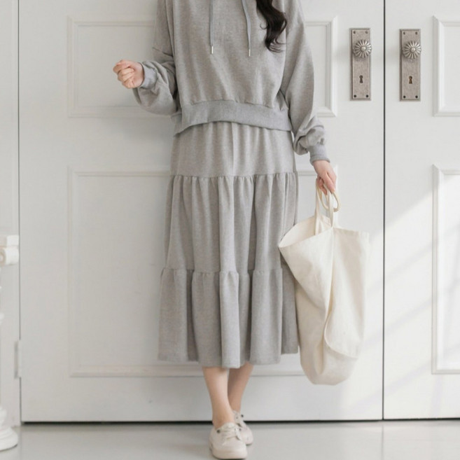 Lalaon 韓國製造 棉質鬆緊帶荷葉邊層次長裙 25TSP3599
