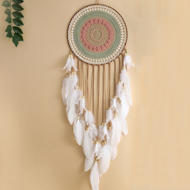더플로우커머스 깃털 디테일 원형 드림캐처 월데코 오브제, 화이트