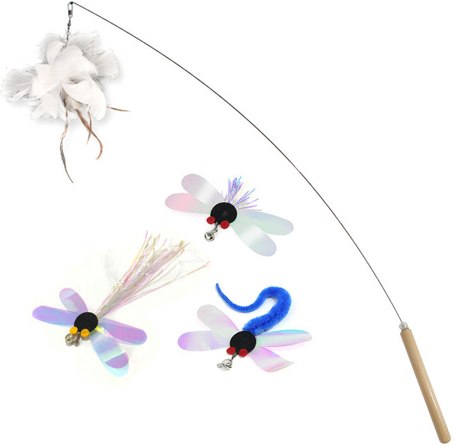 펫츠몬 고양이 플라잉 롱 와이어 우드 낚시대 + 리필 4종 세트, 혼합색상, 1세트