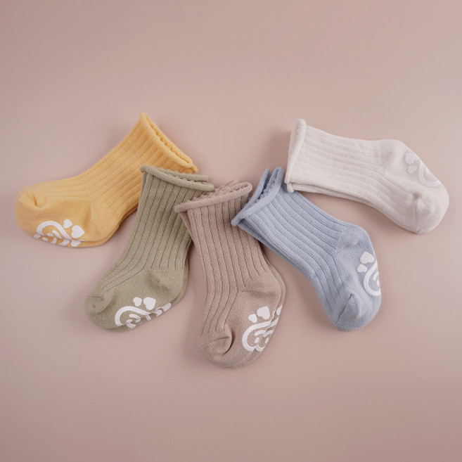 비바세븐 신생아용 캐러멜 골지 돌돌이 미끄럼 방지 아기 양말 5켤레 세트