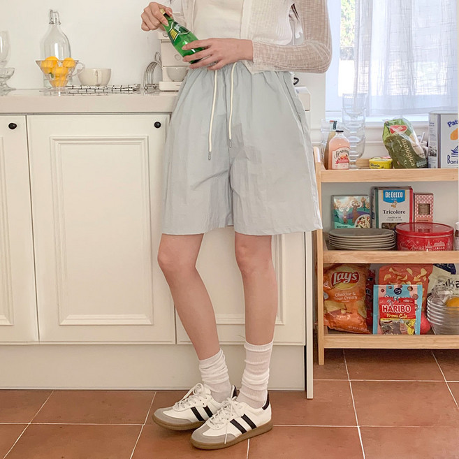 플랜데이 여성용 여름 데일리템 히스 바스락 숏 밴딩팬츠 6부