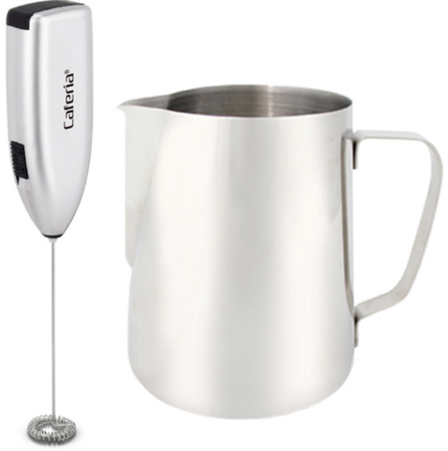 Caferia 電動奶泡機 CEM1 + 拉花牛奶鋼杯 1000ml CS3 套組, 單一顏色, 1套