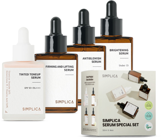 심플리카 세럼 스페셜 4종 세트, 1세트, 톤업 세럼 + 브라이트닝 세럼 + 퍼밍앤리프팅 세럼 + 안티블레미쉬 세럼