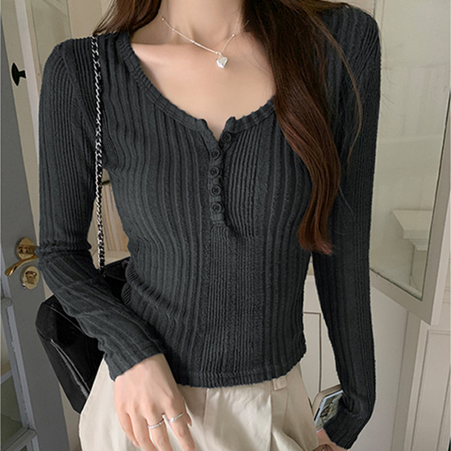 레몬소울 여성용 더킹 슬림 골지 라운드 티셔츠 07866