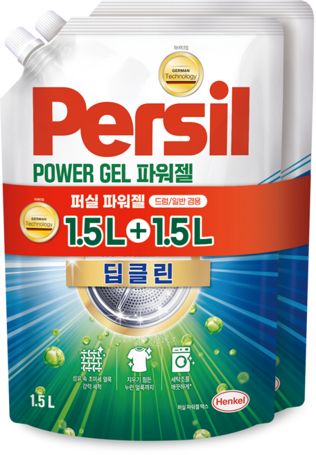 퍼실 딥클린 초미세세탁 파워젤 겸용 액체세제 리필, 1.5L, 2개