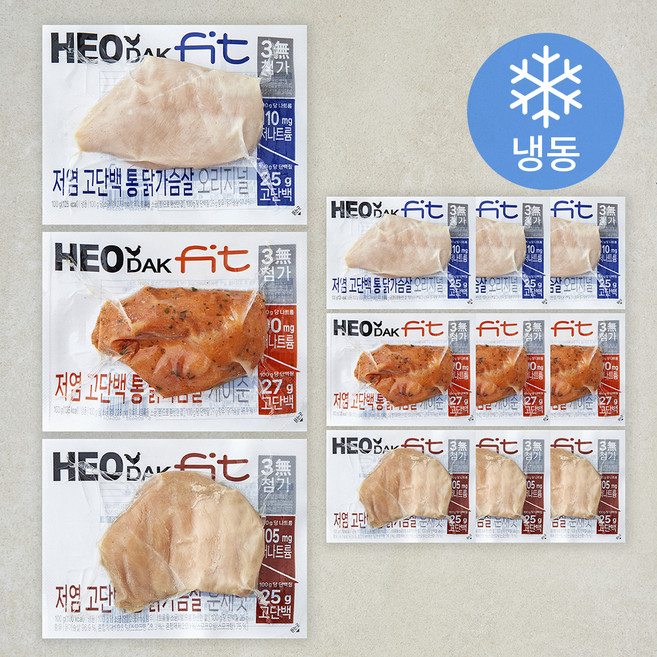 허닭 FIT 저염 고단백 통 닭가슴살 오리지널 100g x 4개입 + 훈제맛 100g x 4개입 + 케이준 100g x 4개입 세트 (냉동), 1세트