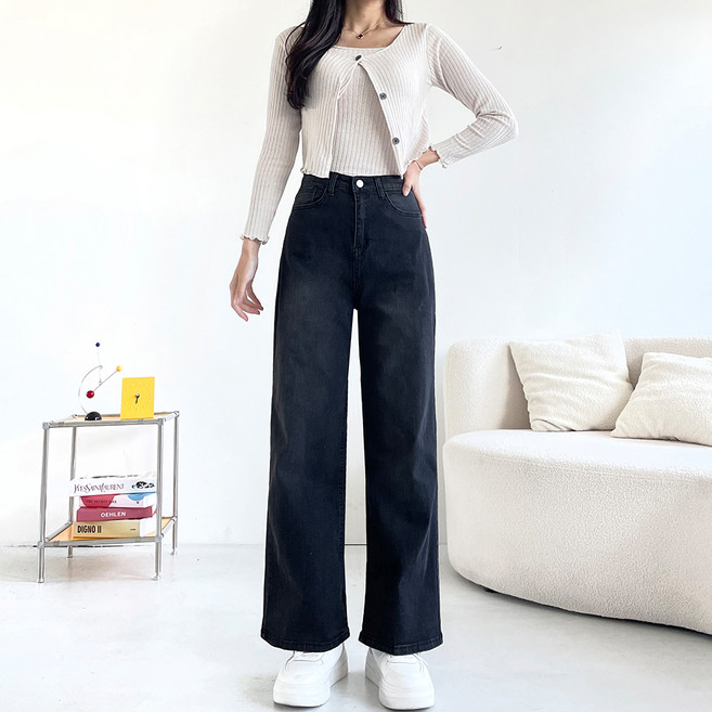 잘빠진 여성용 더블핏 스판 세미 와이드 데님팬츠
