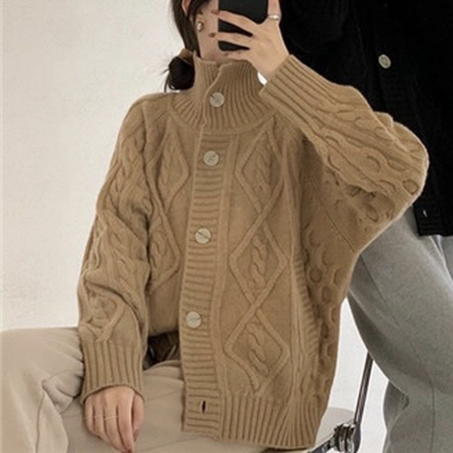 피어니스트 여성용 터틀넥 루즈핏 니트 가디건