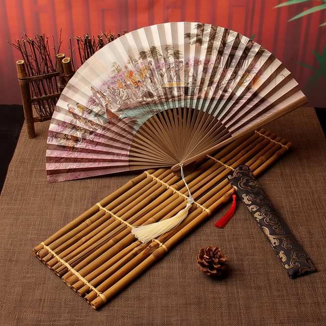 마켓피아 전통 그림 인테리어 휴대용 접이식 부채, 랜팅 컬렉션, 1개