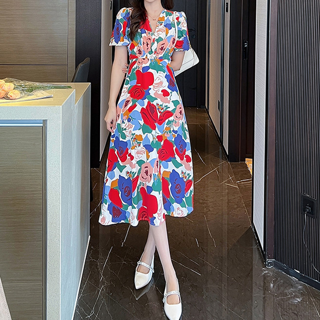 페이퍼먼츠 비비에모 알로하 슬리 브이넥 빅 블로썸 롱 원피스 10312