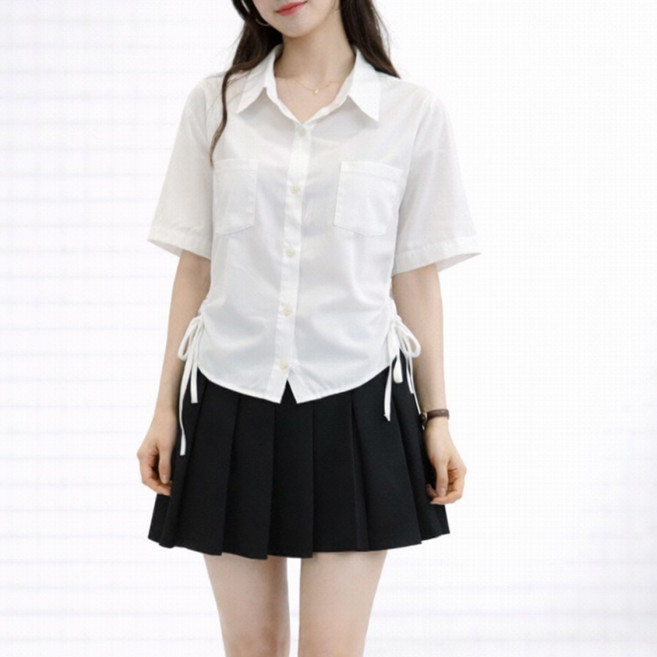 더시럽 여성용 리본 셔링 포켓 반팔 셔츠