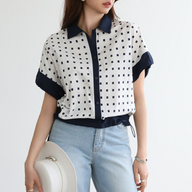 피핀 여성용 스퀘어 패턴 배색 스트링셔츠 49720