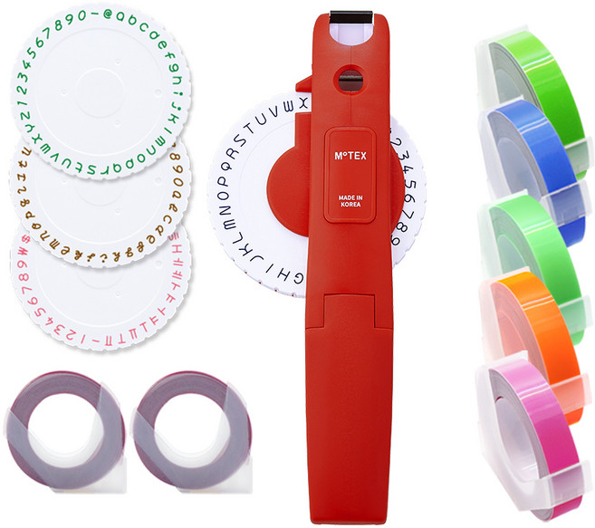 모텍스 또각이 라벨메이커 E-404 + 리필 세트, 다크레드(메이커), 랜덤발송(테이프), 파스텔핑크, 파스텔그린, 파스텔 바이올렛, 형광그린, 형광오렌지(테이프B), 1세트