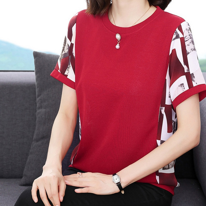 MMMII 中年女款水鑽點綴圓領袖子圖案短袖T恤 AA017