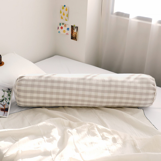 까사베르데 포어스 디자인 체크 바디필로우 원형 롱쿠션 솜포함 커버, 내추럴 체크