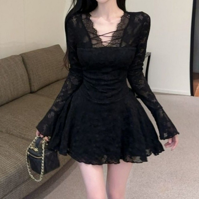 아이엠몽 여성용 슬림핏 브이넥 스트링 시스루 플레어 긴팔 미니 원피스 R6S164