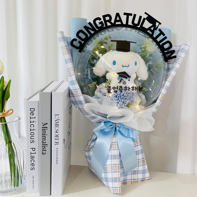 러블리팜 조화 사랑스러운 산리오 졸업 매직벌룬 꽃다발 + 레터링 토퍼 + LED조명 세트, 시나모롤 블루, 1개