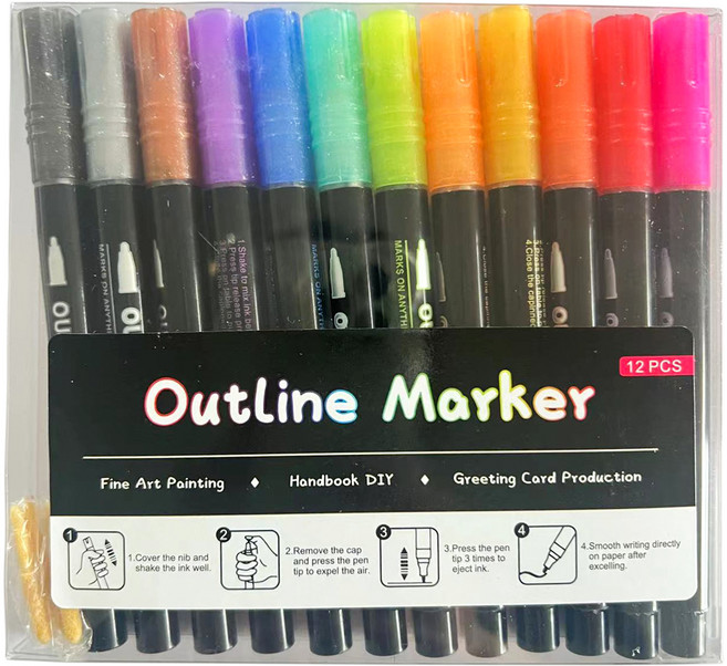 코히모 아웃라인 메탈릭 윤곽 펄 컬러 마카펜 4W078, 1세트, 12색