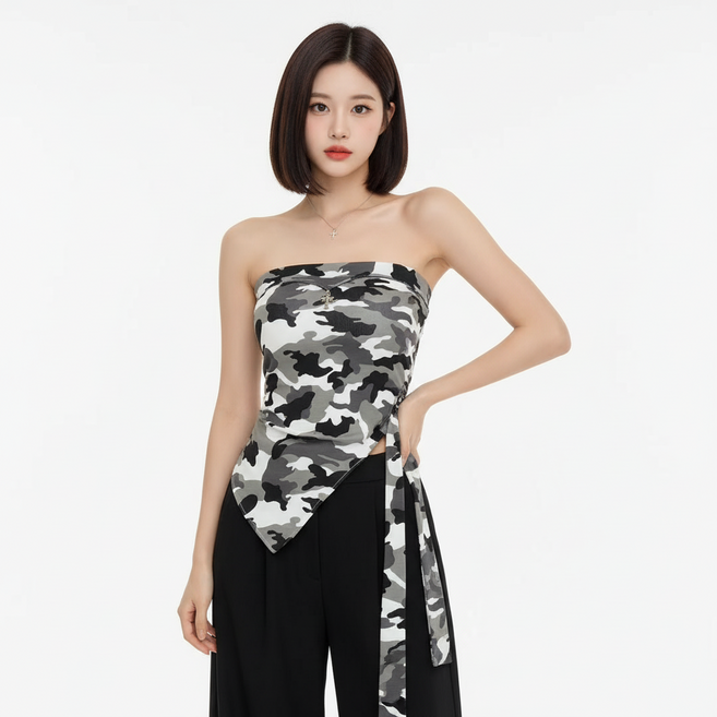 마켓피아 여성용 튜브 크롭 카모플라쥬 위장 탑