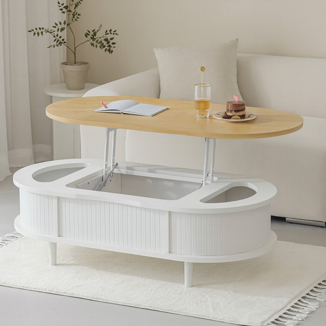 퍼리든 로브 타원형 리프트업 쇼파테이블 1200 리프트테이블 방문설치, 화이트오크