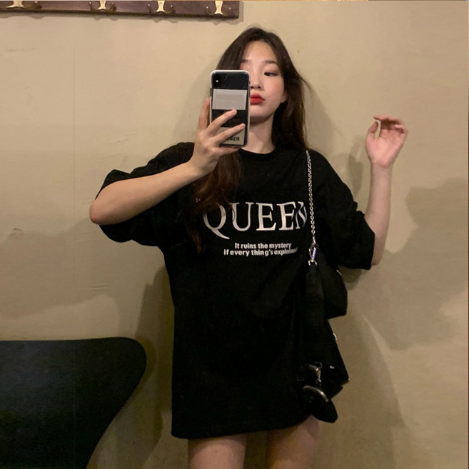 디멜디 여성용 여름 데일리 루즈핏 레터링 반팔 티셔츠