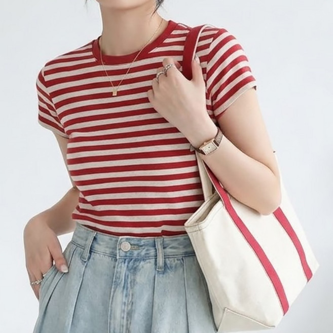 아이캔심플 여성용 프렌치 스트라이프 슬림핏 데일리 반팔 티셔츠