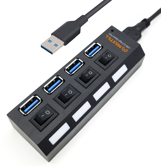 맥스틸 4구 개별스위치 고속 USB3.0 유전원 허브 MT-HU30, 혼합색상, 1개