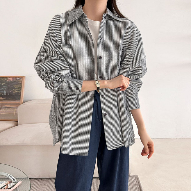 보리맘 시어커서 오버핏 스트라이프 셔츠 임부복 R820