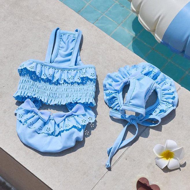 웨이비데이즈 반려동물 컬러풀 프릴 셔링 비키니 + 모자 세트 W265-0137, 블루, 1세트