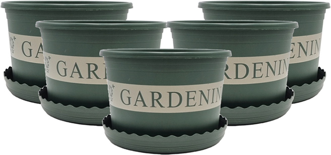 Gardenit 園藝塑膠低型花盆 22號 4.3公升 5入 + 波浪底盤 4號 D2318 5入 套組, 綠色, 5件
