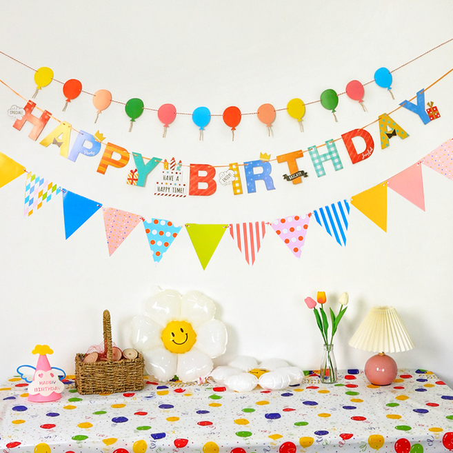 코히모 생일 가랜드 해피버스데이 깃발 풍선 모양 3종 세트 5W0337, 1세트, 혼합색상