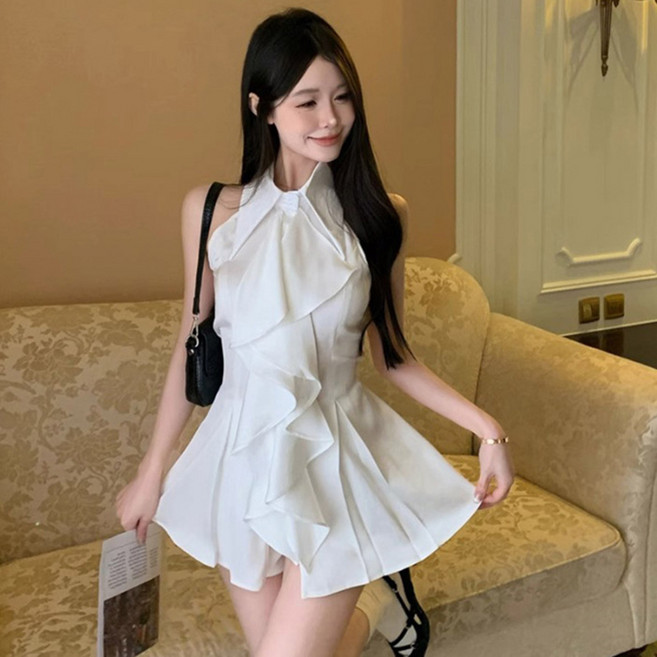 PEONIST 荷葉邊無袖線條迷你連身裙, 白色