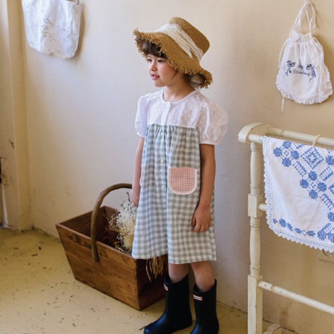 키키모라 여아용 통기성 레이스 체크 원피스