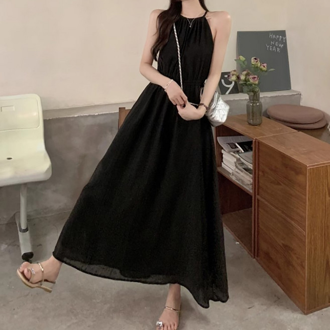 MarketA 女款掛脖露背無袖長版連身裙 T25SS3-A1856 含大尺碼, 黑色