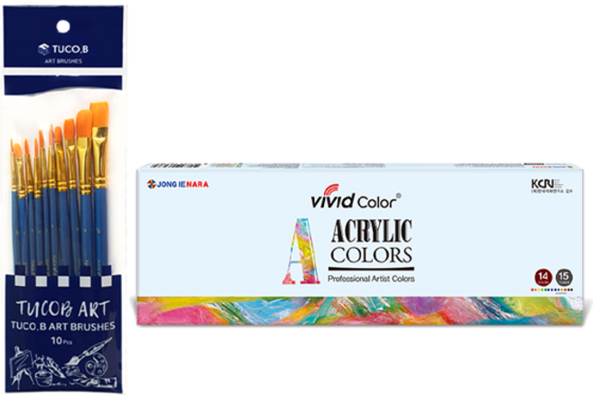 동아피엠에스 투코비 아트 브러쉬 10종 + 종이나라 아크릴 물감 12ml 세트, 15색