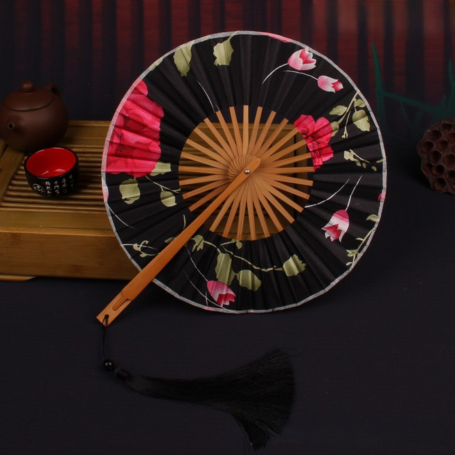 마켓피아 휴대용 접이식 원형 플라워 전통 부채, 8 장미, 1개