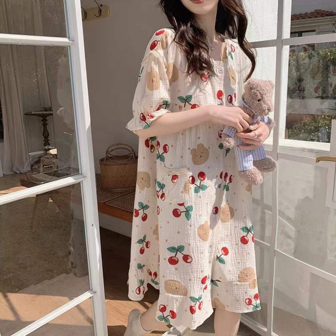 2'nd Pink 女款 Hey Girl 寬鬆大尺碼襯衫式連身睡裙 櫻桃與小熊