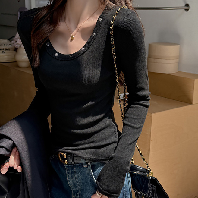 마켓에이 여성용 골지 슬림핏 라운드넥 긴팔 티셔츠 M263-A2665