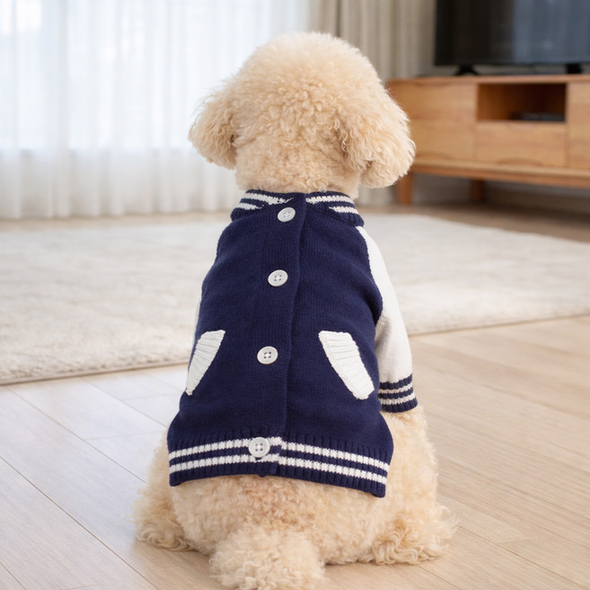 그루밍댕이 강아지 바시티 니트 과잠 가디건, 네이비, 1개