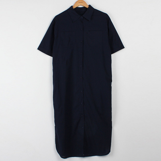 빼빼 여성용 카라넥 린넨 반팔 셔츠 롱 원피스