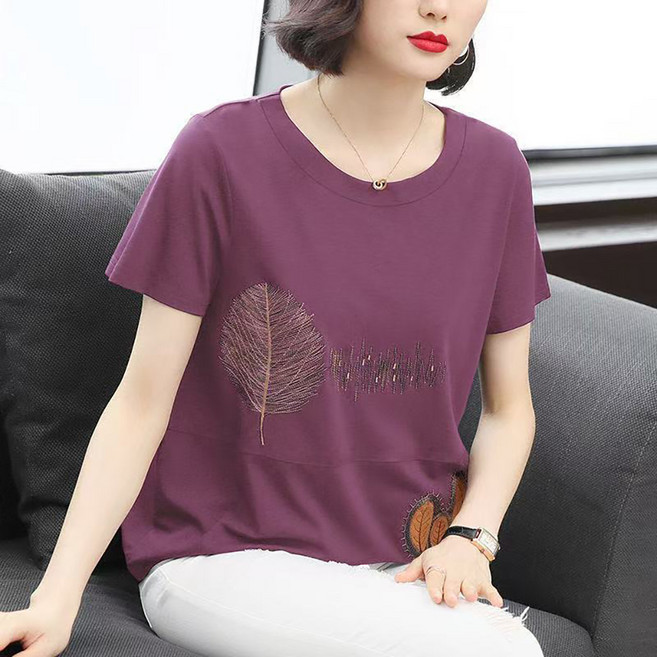 인피어스 여성용 중년 자수 루즈핏 반팔 티셔츠 I263-0126