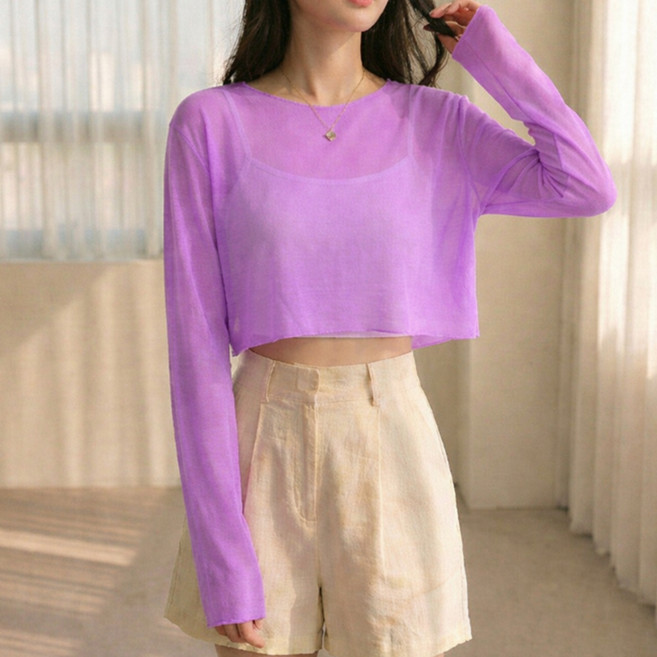 알로데 여성용 시스루 크롭 긴팔 티셔츠