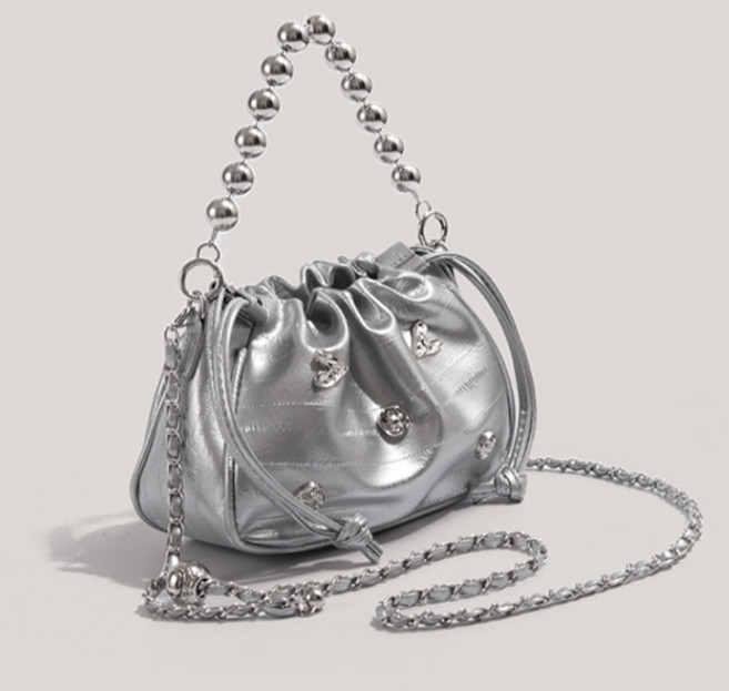 PEONIST 串珠迷你斜背肩揹包, 銀色