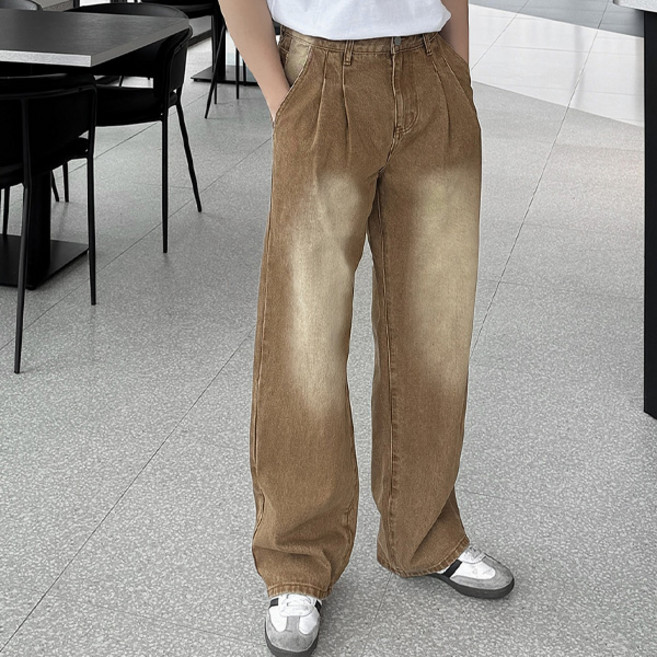 남성용 모닛 빈티지 피그먼트 샌드워싱 더블턱 와이드 데님 팬츠