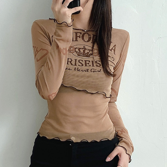 젤루나 여성용 레터링 시스루 긴팔 티셔츠 TH-14