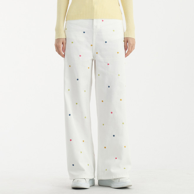 Elsso 女款彩色花卉刺繡圖案寬版棉褲