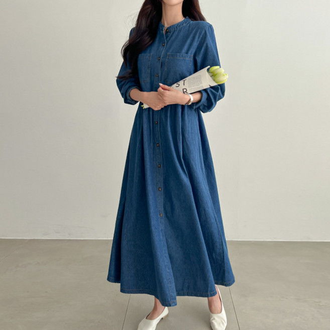 피핀 여성용 차이나넥 데님 롱 원피스 38452