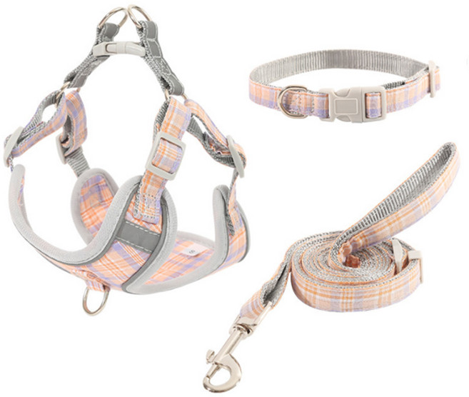 앤티스 반려동물 메쉬체크 하네스 + 리드줄 + 목줄, 오렌지, 1세트