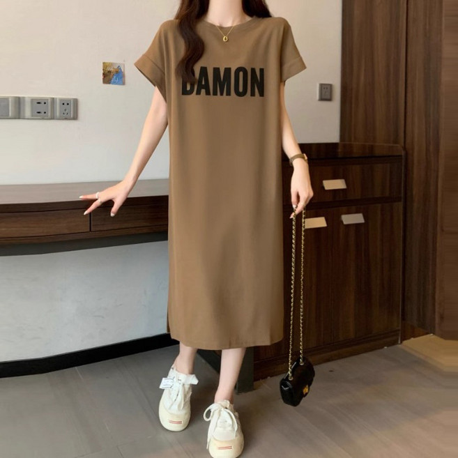 DMELD 夏季大尺碼寬鬆版字母休閒長版短袖連身裙