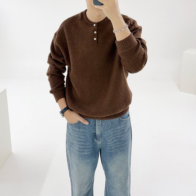 아도르클래식 남성용 모엔드 헨리넥 라운드 골지 데일리 커플 니트